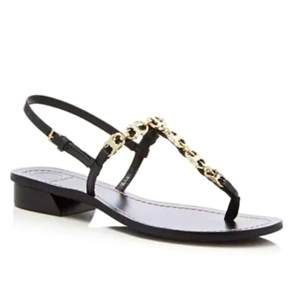 Tory Burch Gemini Link T-Strap
Leather Sandals Black/Gold SZ 8M - Picture 1 of 8